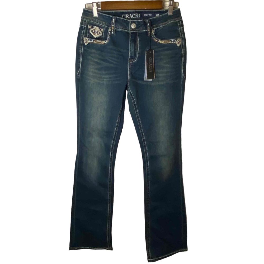 NWT‎ Grace In LA Womens Blue Embroidered Lined Easy Fit Bootcut Jeans Size 28